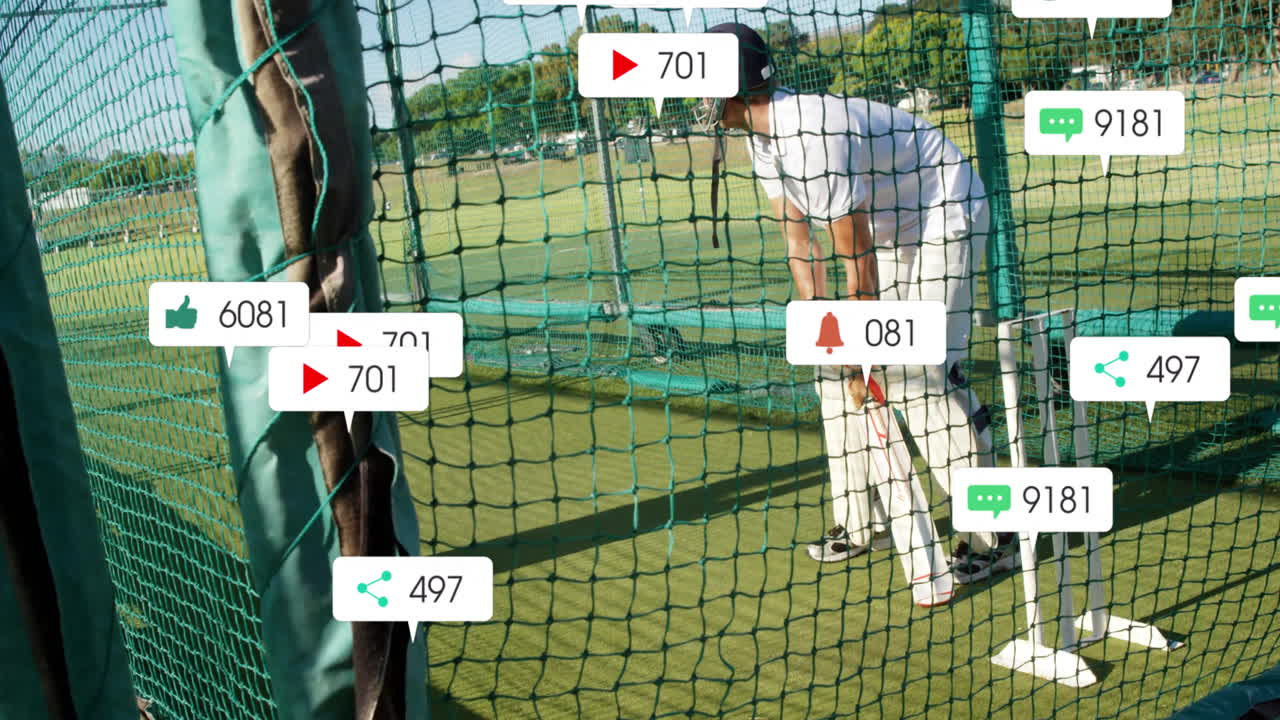 Practicing in net, cricketer with animation of social media notification icons