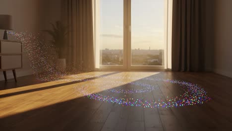 a beautiful display of colorful lights dancing across the floor in a sunlit room, creating a spiral pattern that captivates the imagination and enhances the ambiance