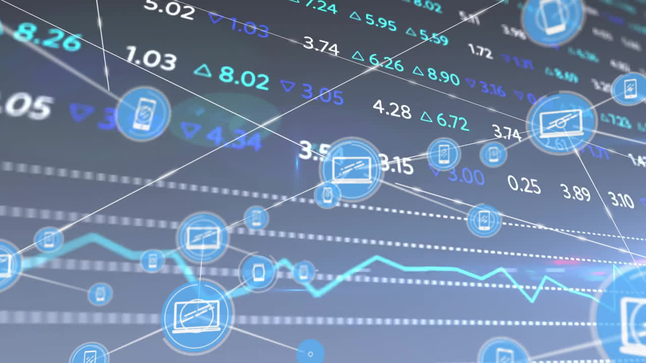 animación del procesamiento de datos financieros a través de una red de conexiones