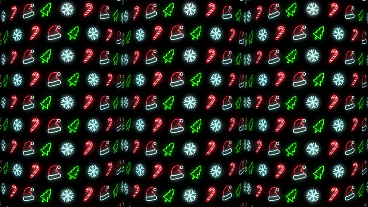 크리스마스 트리, 눈송이, 산타 모자 및 사탕 지팡이의 네온 크리스마스 패턴 배경 빨간색 흑백 반복 애니메이션