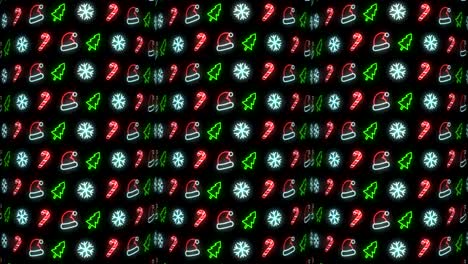 Neon-Christmas-Pattern-Background-of-Christmas-Tree,-Snowflake,-Santa-Hat-and-Candy-Cane-in-Red-Black-and-White-Looping-animation