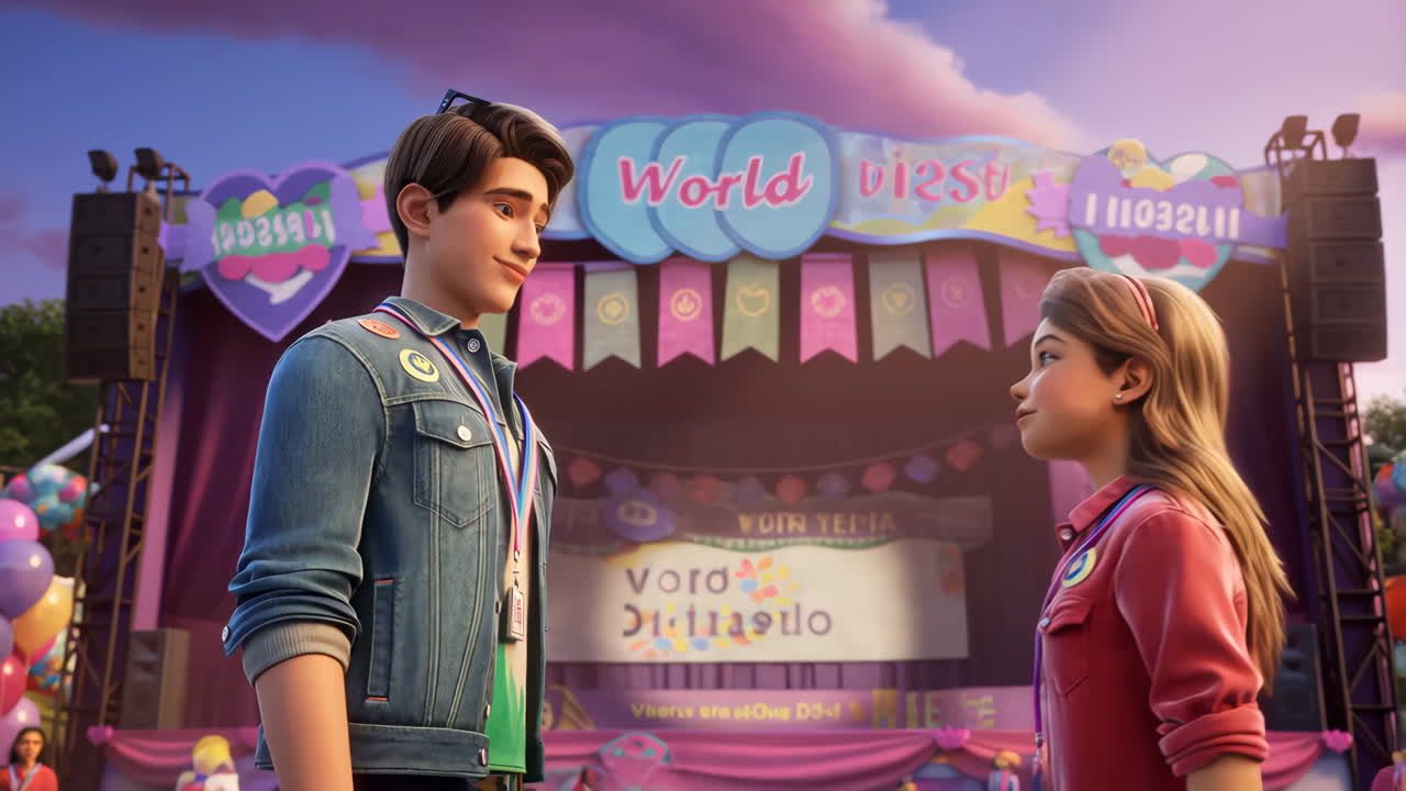 A CGI cartoon image of a teenage couple at an event