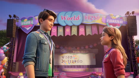 a cgi cartoon image of a teenage couple at an event