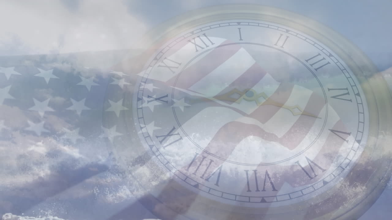 미국 국기를 가로지르는 시계의 애니메이션