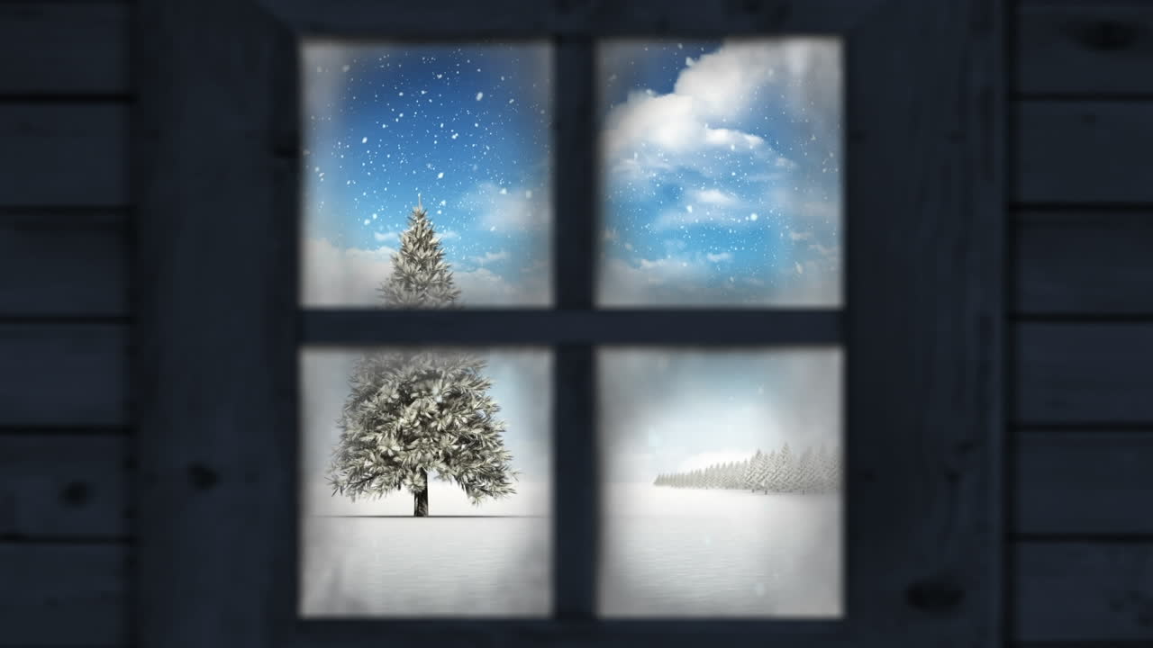Wooden window frame against snow falling over christmas tree on winter landscape