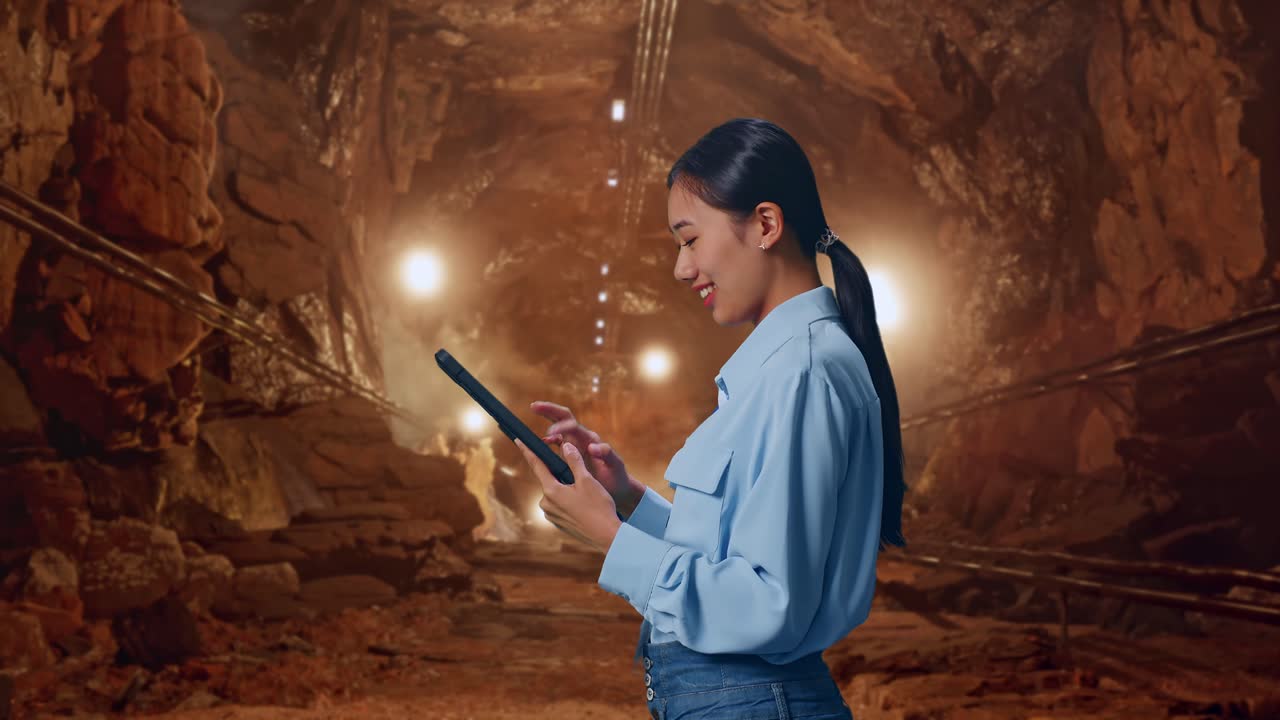 Side View Of Asian Female With Her Tablet In Underground Mine Tunnel, Checking On Her Tablet With Meditation