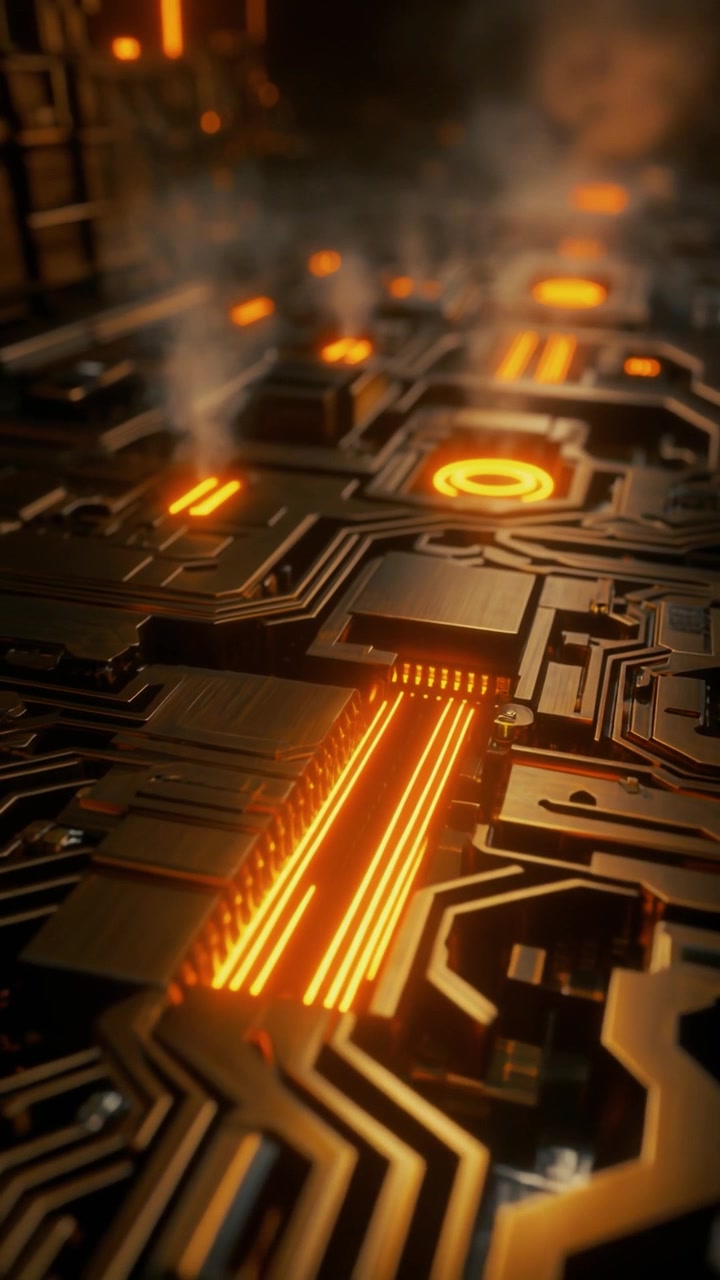 Futuristisk printplade med glødende orange datastrømme og røg