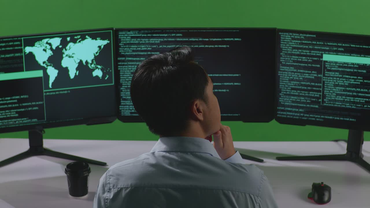 아시아인 개발자가 무언가에 대해 생각하고, 그 다음에는 그린 스크린 스튜디오에서 여러 컴퓨터 화면으로 코드를 작성하는 동안 지표손가락을 들어 올립니다.