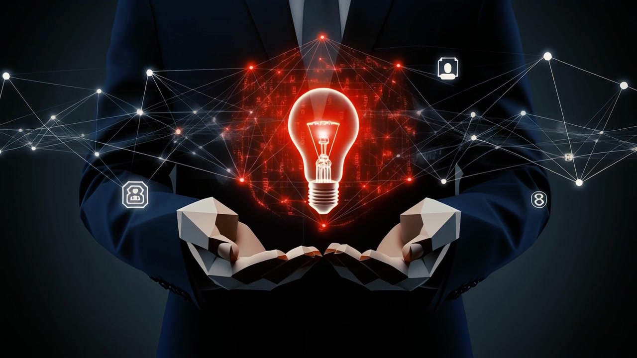 Businessman Holding Glowing Light Bulb with Digital Network Connections