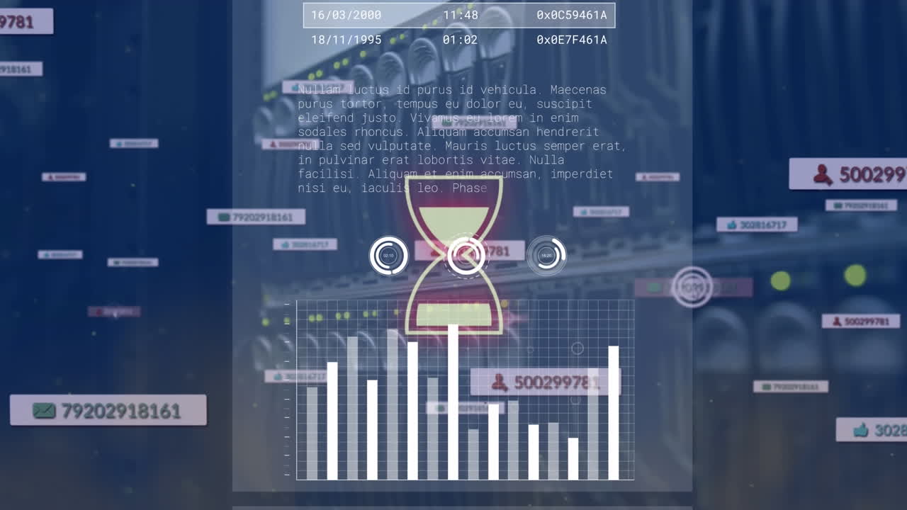 Animation of multiple graphs, hourglass and notification bars over data server system