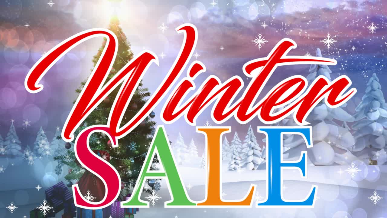 겨울 풍경에서 소나무 위의 겨울 판매 텍스트의 애니메이션