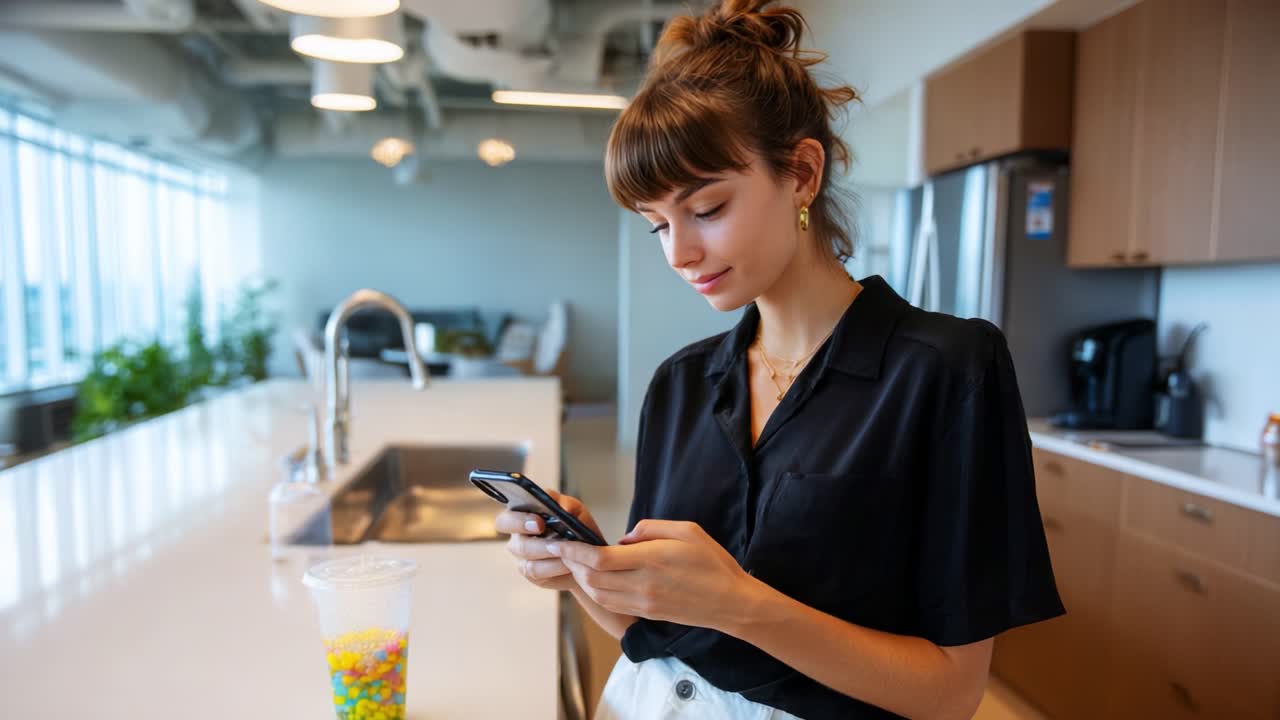 A young woman in a stylish black shirt interacts with her smartphone while standing in a modern kitchen, illuminated by natural light, surrounded by colorful candy in a cup