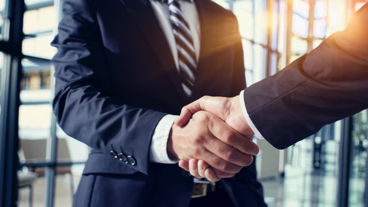 Due uomini d'affari che si stringono la mano in un ufficio moderno