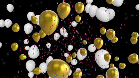 Animation-Von-Ballons-Und-Konfetti,-Die-Auf-Schwarzen-Hintergrund-Fallen