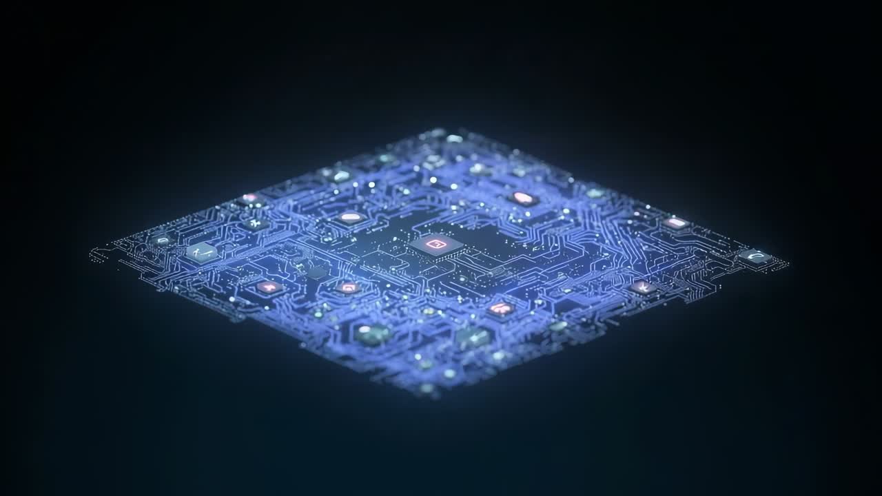 Mottagande av ström, fyrkantigt kretskort som lyser upp i en mörk studio, med ett centralt chip som glöder