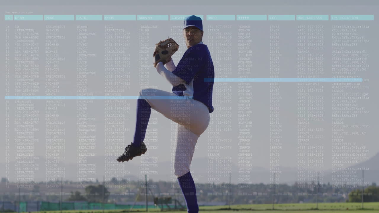 Giocatore di baseball che lancia sul campo con sovrapposizione di animazione di elaborazione dati.