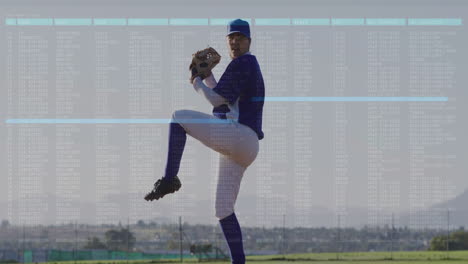 baseball player pitching on field with data processing animation overlay