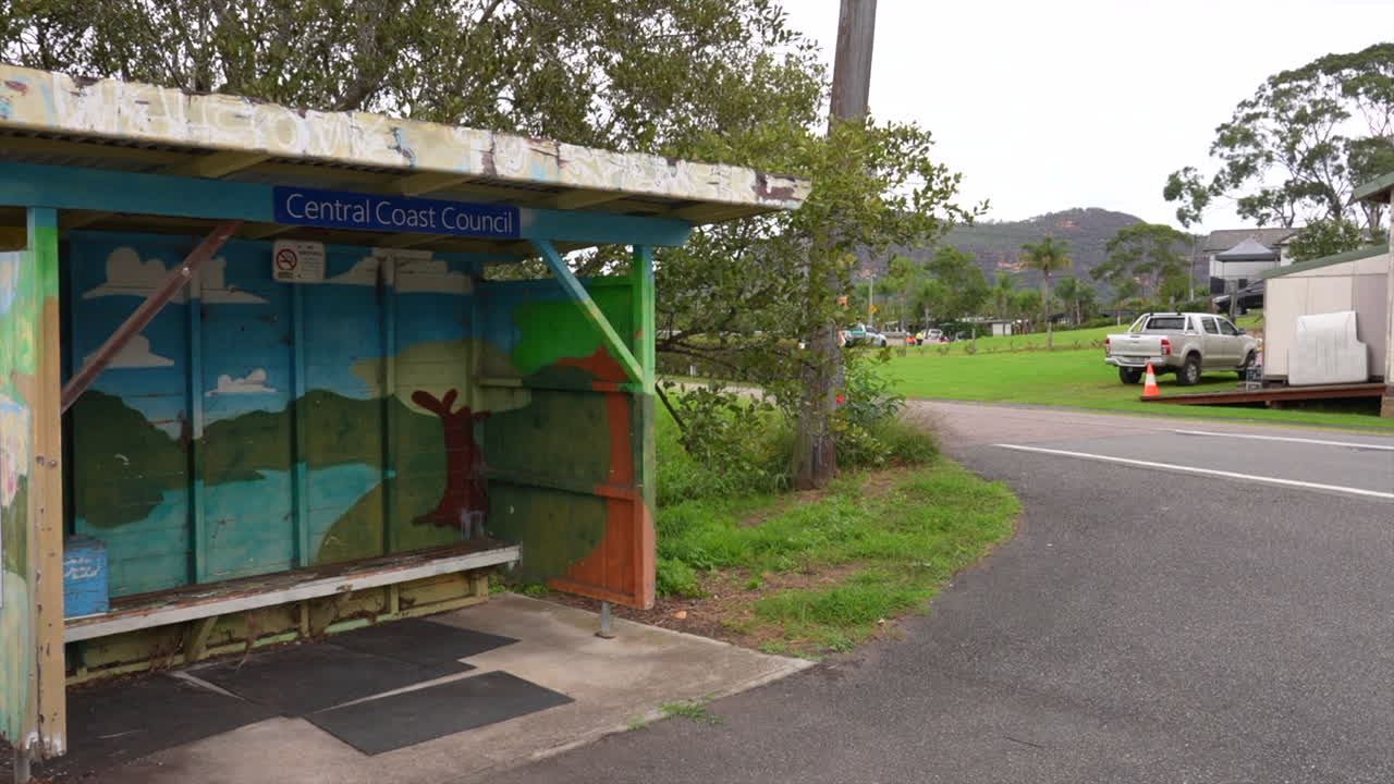 Colourful bus stop in the small town of Spencer on the Hawkesbury river, New South Wales, Australia