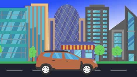 car driving rides around city side view, loop animation, flat design background