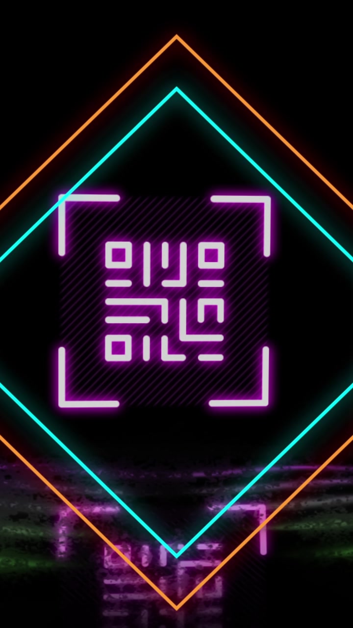 Animation of glowing qr code over neon geometric shapes