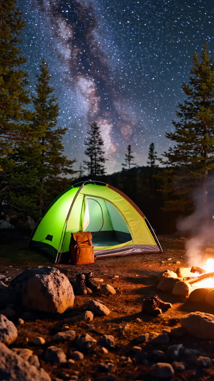 Night Camping Under the Milky Way with a Cozy Campfire