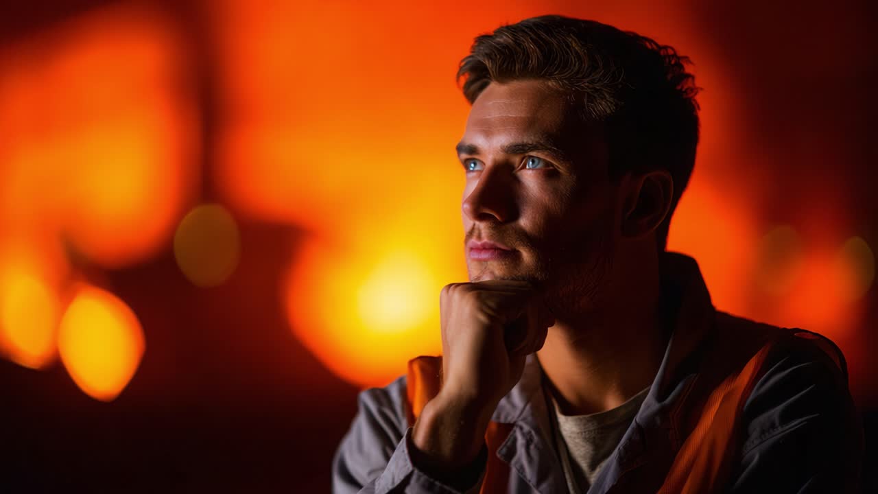 Contemplation in a Fiery Environment: A Worker Lost in Thought Amidst the Heat of an Industrial Setting with Ambient Flare Reflecting Resilience and Focus