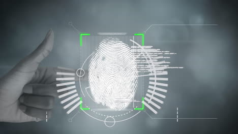 animación de huella digital biométrica con escaneo de alcance con la mano de la mujer y luces brillantes