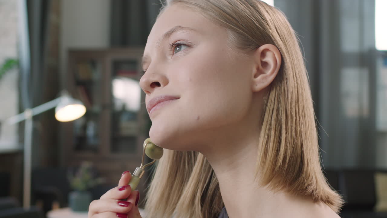 Woman Doing Facial Massage With Roller