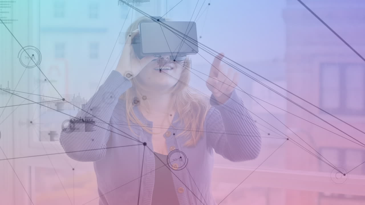 Woman swiping her fingers while wearing a virtual reality headset