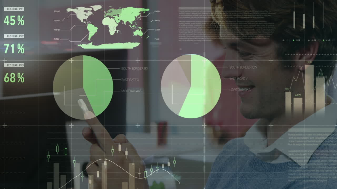 Animation of multicolored infographic interface over caucasian man scrolling on smartphone