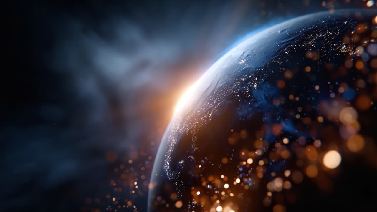 Stunning view of Earth illuminated by sunlight at dawn, showcasing the beauty of our planet with shimmering lights and stars against a dark cosmic background