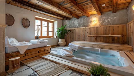 cozy bedroom with spa and wooden accents
