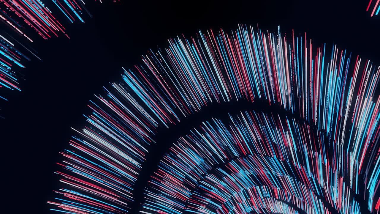 Abstract vortex of blue and red circles spinning on black background, seamless loop. Animation. Big and small rotating circles of narrow lines forming a funnel
