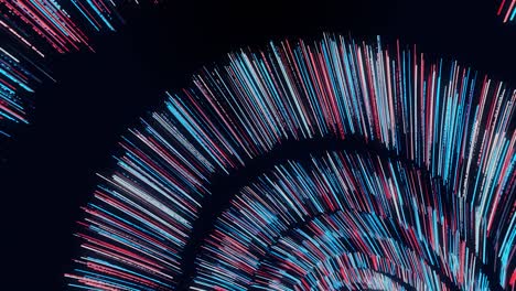 abstract vortex of blue and red circles spinning on black background, seamless loop. animation. big and small rotating circles of narrow lines forming a funnel