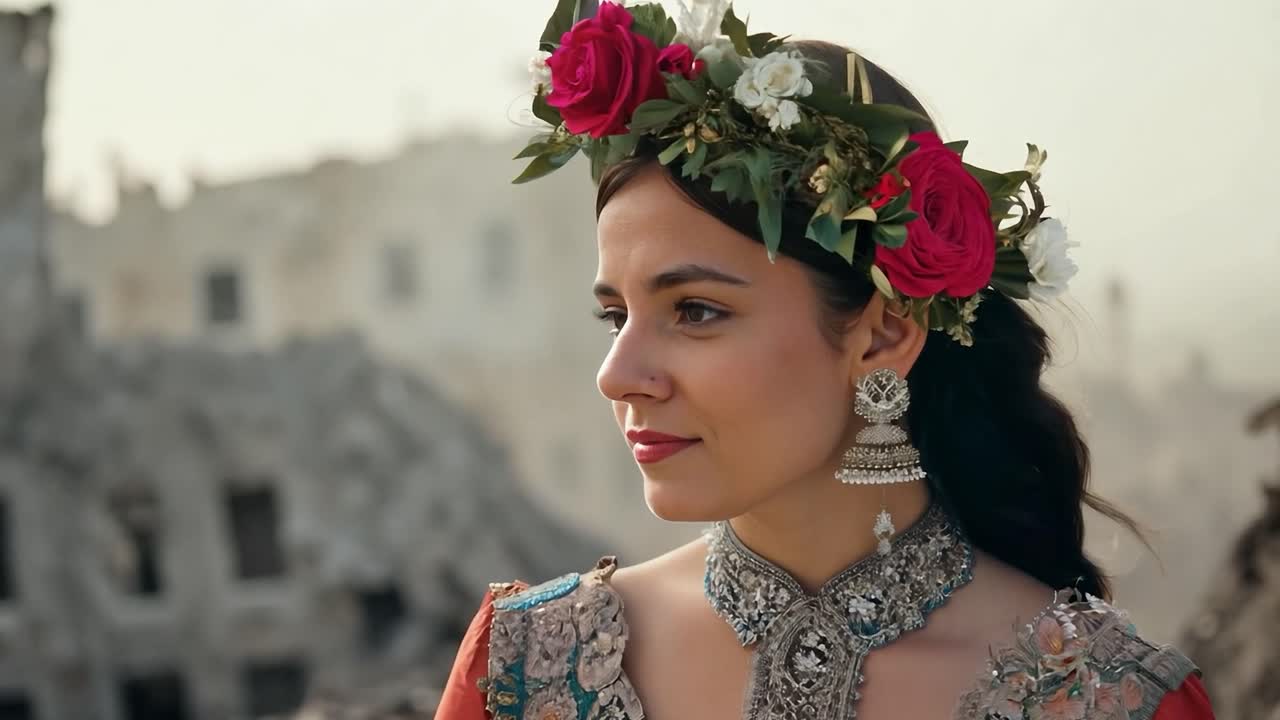 Actress poses gracefully in a flower crown and a beautifully adorned traditional dress against ancient ruins