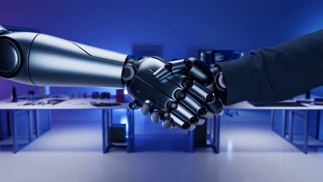 robot and human handshake in a futuristic office