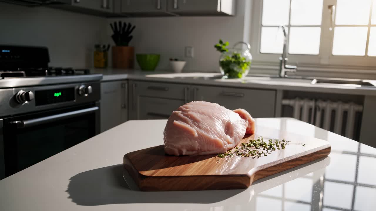 A raw chicken breast on a wooden board in a sunlit kitchen. Shot from a low angle, perfect