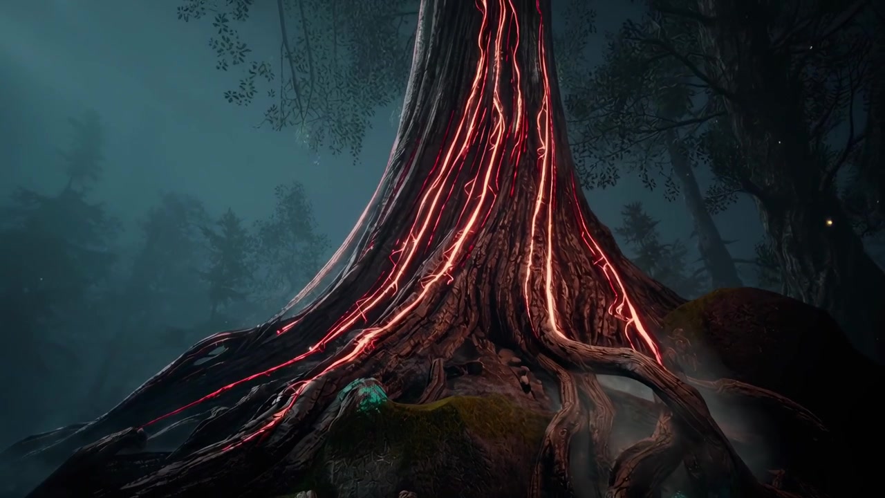 Fantasy Tree with Glowing Red Energy in a Misty Forest