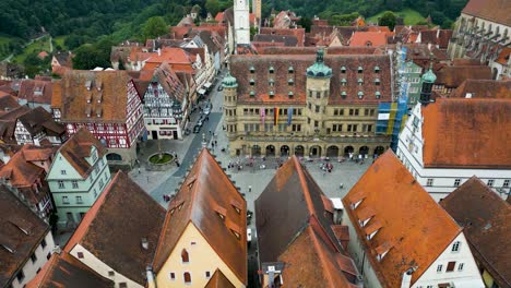 4k aerial drone video of town hall, fountain, and german christmas museum in the market square of rothenburg, germany