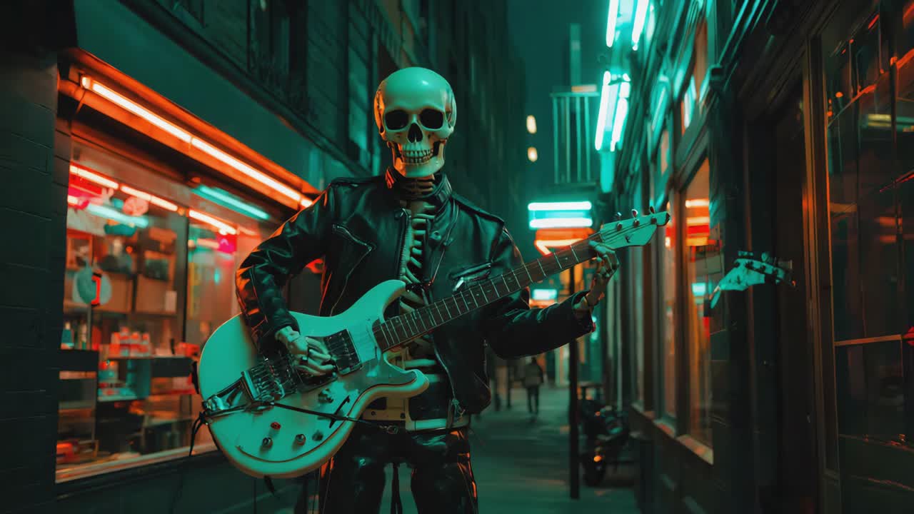 Skeleton Guitarist in a Neon-Lit City Alleyway
