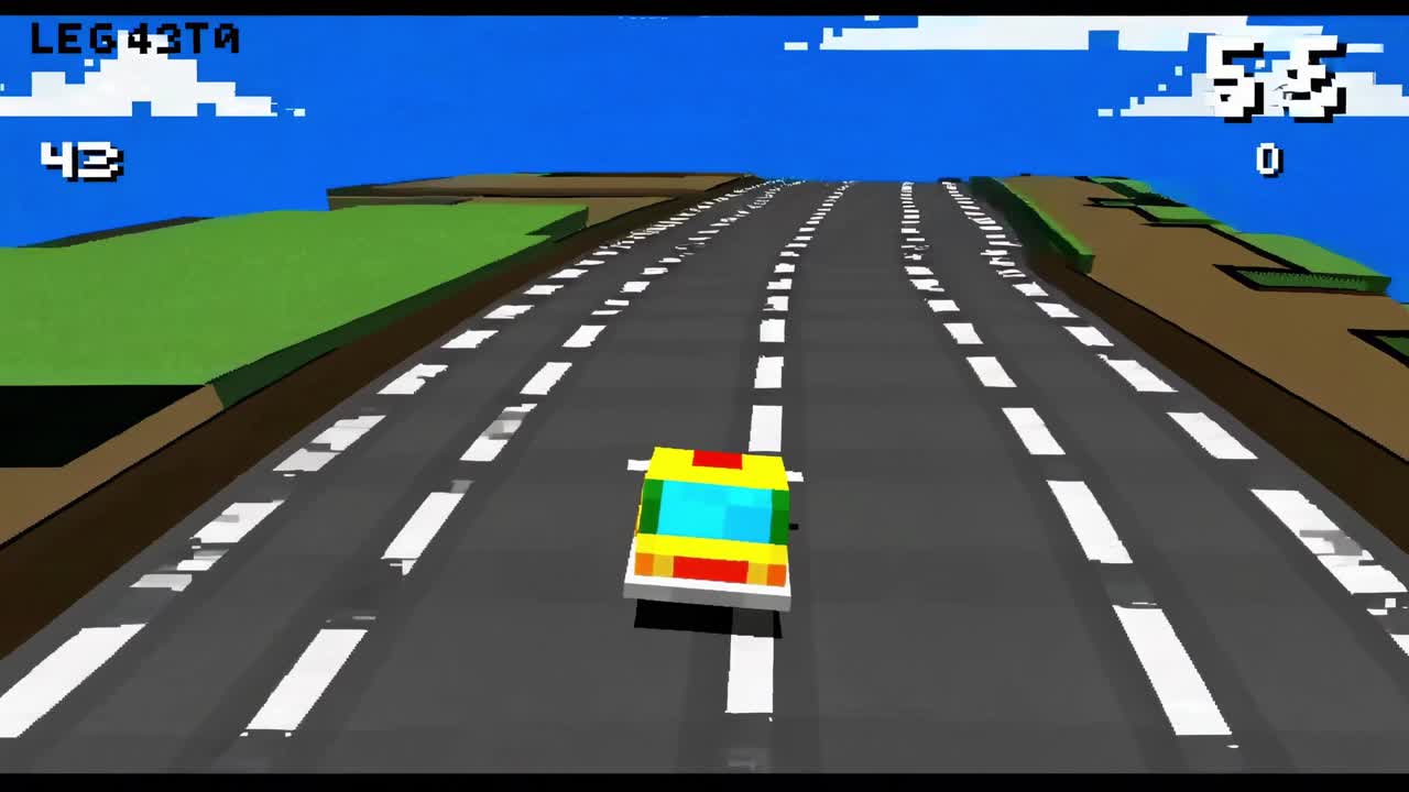 Yellow pixel art car driving on a highway in a retro racing videogame with green hills, blue sky and some white clouds, score and statistics are visible