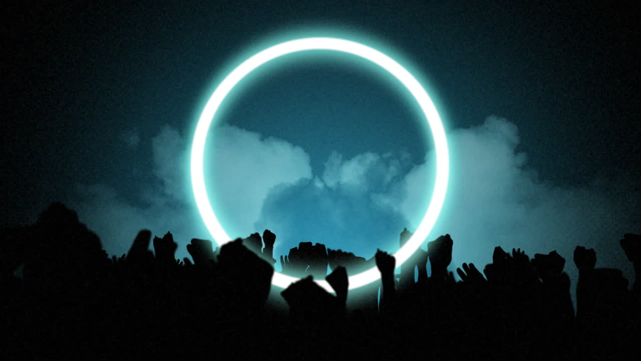 Animation of blue neon circle with dancing people in silhouette with arms up