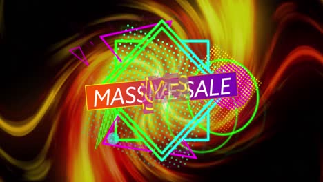 Animation-of-massive-sale-over-colorful-shapes-and-lines-on-black-background