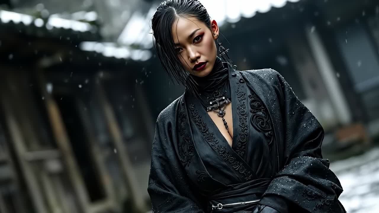 A woman in a black dress standing in the snow