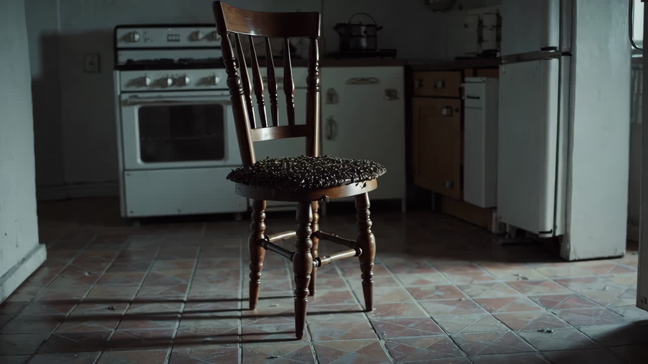una silla de madera antigua en una cocina vacía