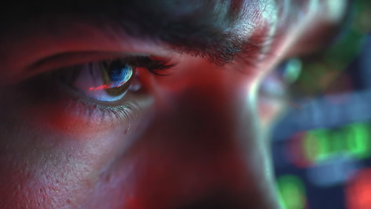 Close-Up of Concentration: An Intense Gaze Captured in a Moment of Focus Amidst Complex Digital Displays Suggesting Analysis and Insight
