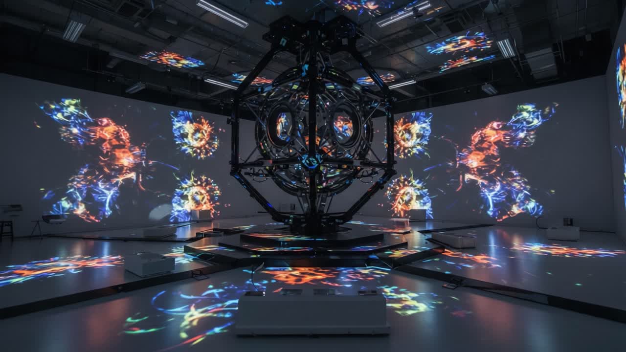 Vibrant Visual Spectacle: A Stunning Display of Light and Color Surrounding an Intricate Geometric Structure in a Modern Art Installation