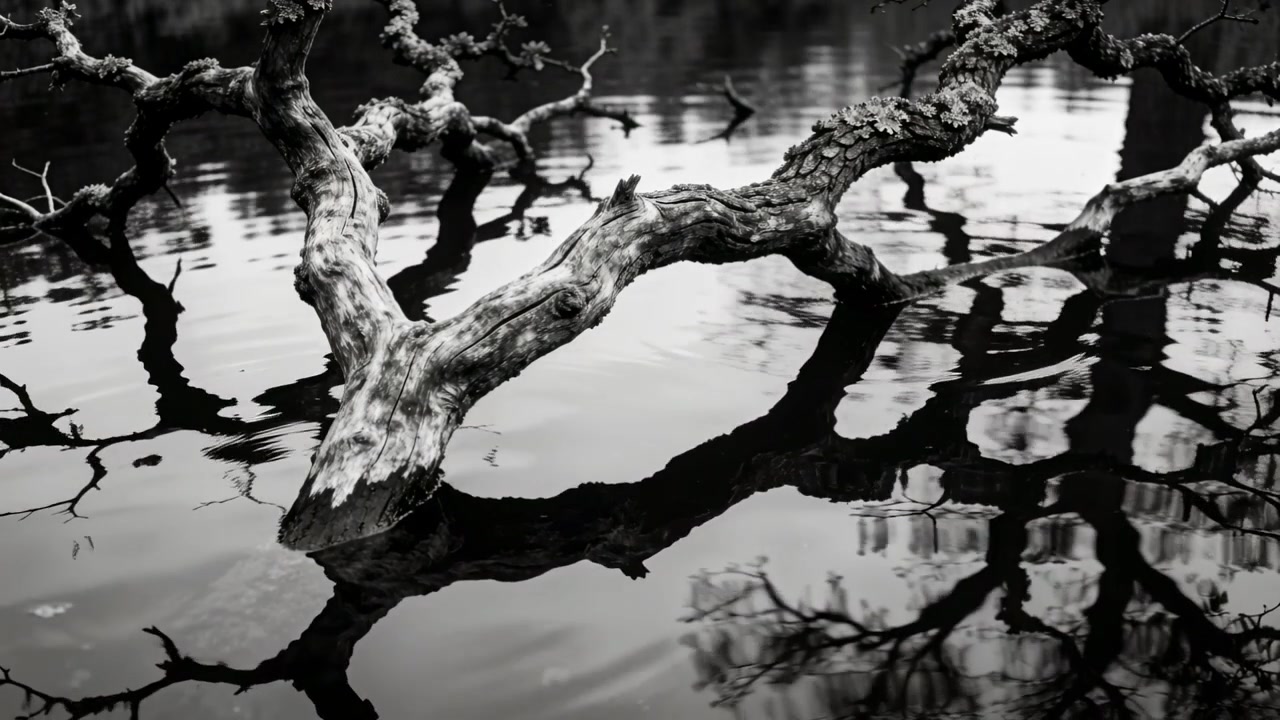 Acqua increspata da una foglia che galleggia, che fa spostare il riflesso di un ramo contorto di albero morto attraverso lo stagno.
