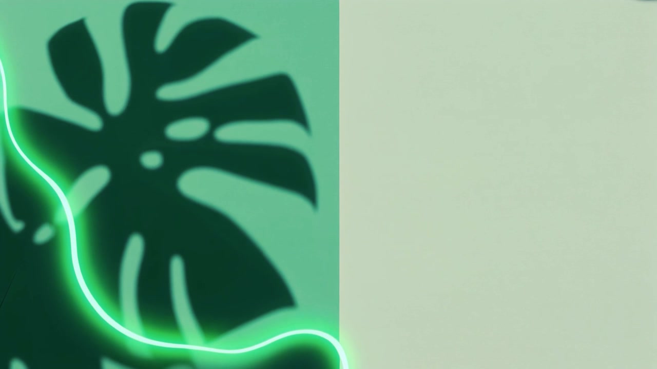 Linea di luce al neon e ombra di foglia di Monstera su sfondo verde