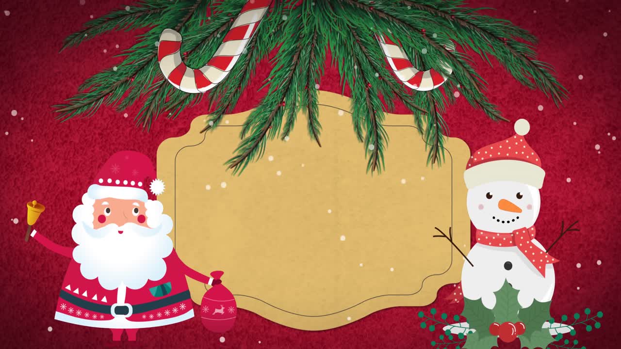 animación del letrero de navidad con espacio de copia, decoraciones y nieve cayendo sobre fondo rojo.